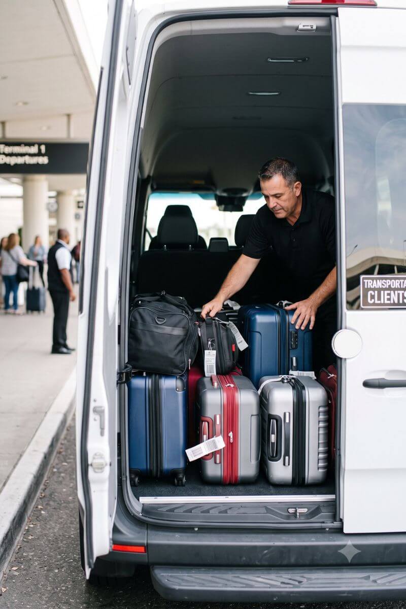 Driver loading luggage into a private airport transfer van.